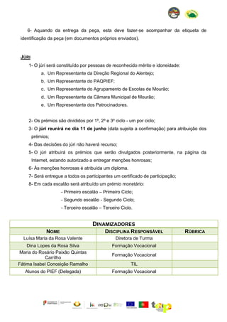 6- Aquando da entrega da peça, esta deve fazer-se acompanhar da etiqueta de
identificação da peça (em documentos próprios enviados).

JÚRI
1- O júri será constituído por pessoas de reconhecido mérito e idoneidade:
a. Um Representante da Direção Regional do Alentejo;
b. Um Representante do PAQPIEF;
c. Um Representante do Agrupamento de Escolas de Mourão;
d. Um Representante da Câmara Municipal de Mourão;
e. Um Representante dos Patrocinadores.

2- Os prémios são divididos por 1º, 2º e 3º ciclo - um por ciclo;
3- O júri reunirá no dia 11 de junho (data sujeita a confirmação) para atribuição dos
prémios;
4- Das decisões do júri não haverá recurso;
5- O júri atribuirá os prémios que serão divulgados posteriormente, na página da
Internet, estando autorizado a entregar menções honrosas;
6- Às menções honrosas é atribuída um diploma.
7- Será entregue a todos os participantes um certificado de participação;
8- Em cada escalão será atribuído um prémio monetário:
- Primeiro escalão – Primeiro Ciclo;
- Segundo escalão - Segundo Ciclo;
- Terceiro escalão – Terceiro Ciclo.

DINAMIZADORES
NOME

DISCIPLINA RESPONSÁVEL

Luísa Maria da Rosa Valente

Diretora de Turma

Dina Lopes da Rosa Silva
Maria do Rosário Paixão Quintas
Carrilho
Fátima Isabel Conceição Ramalho

Formação Vocacional

Alunos do PIEF (Delegada)

Formação Vocacional

Formação Vocacional
TIL

RÚBRICA

 
