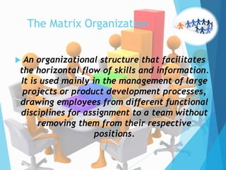 The Matrix Organization
 An organizational structure that facilitates
the horizontal flow of skills and information.
It is used mainly in the management of large
projects or product development processes,
drawing employees from different functional
disciplines for assignment to a team without
removing them from their respective
positions.
 