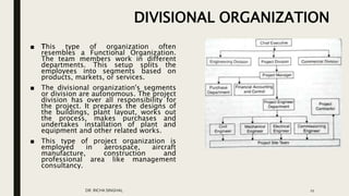 DIVISIONAL ORGANIZATION
DR. RICHA SINGHAL 11
■ This type of organization often
resembles a Functional Organization.
The team members work in different
departments. This setup splits the
employees into segments based on
products, markets, or services.
■ The divisional organization's segments
or division are autonomous. The project
division has over all responsibility for
the project. It prepares the designs of
the buildings, plant layout, works out
the process, makes purchases and
undertakes installation of plant and
equipment and other related works.
■ This type of project organization is
employed in aerospace, aircraft
manufacture, construction and
professional area like management
consultancy.
 