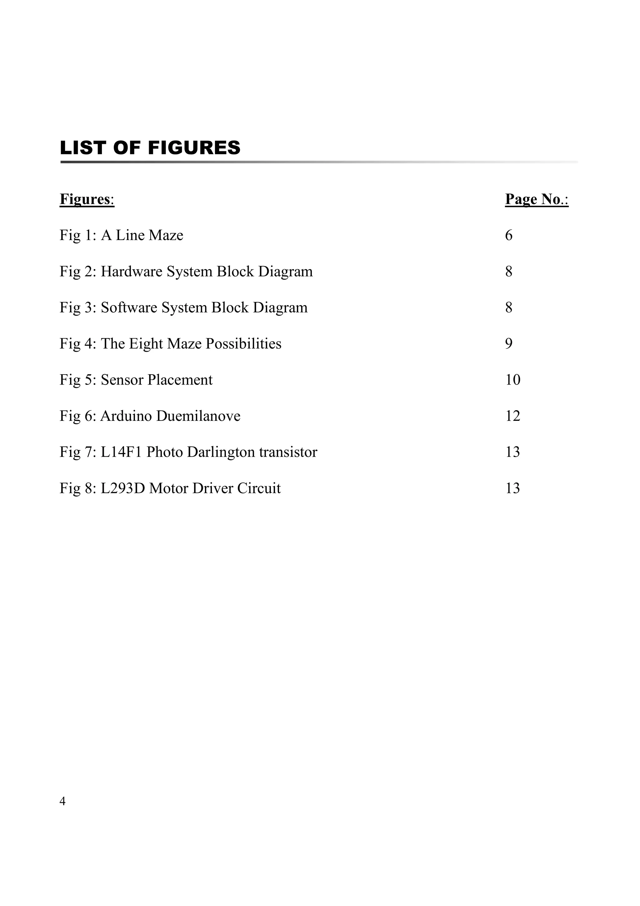 4
LIST OF FIGURES
Figures: Page No.:
Fig 1: A Line Maze 6
Fig 2: Hardware System Block Diagram 8
Fig 3: Software System Block Diagram 8
Fig 4: The Eight Maze Possibilities 9
Fig 5: Sensor Placement 10
Fig 6: Arduino Duemilanove 12
Fig 7: L14F1 Photo Darlington transistor 13
Fig 8: L293D Motor Driver Circuit 13
 