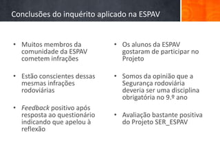 Conclusões do inquérito aplicado na ESPAV


• Muitos membros da          • Os alunos da ESPAV
  comunidade da ESPAV          gostaram de participar no
  cometem infrações            Projeto

• Estão conscientes dessas   • Somos da opinião que a
  mesmas infrações             Segurança rodoviária
  rodoviárias                  deveria ser uma disciplina
                               obrigatória no 9.º ano
• Feedback positivo após
  resposta ao questionário   • Avaliação bastante positiva
  indicando que apelou à       do Projeto SER_ESPAV
  reflexão
 
