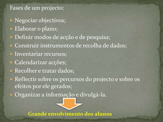 Fases de um projecto:
 Negociar objectivos;
 Elaborar o plano;
 Definir modos de acção e de pesquisa;
 Construir instrumentos de recolha de dados;
 Inventariar recursos;
 Calendarizar acções;
 Recolher e tratar dados;
 Reflectir sobre os percursos do projecto e sobre os
efeitos por ele gerados;
 Organizar a informação e divulgá-la.
Grande envolvimento dos alunos
 