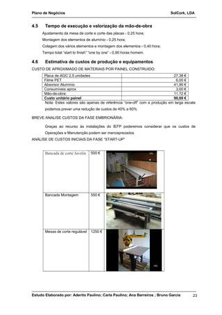 Plano de Negócios SolCork, LDA 
4.5 Tempo de execução e valorização da mão-de-obra 
Ajustamento da mesa de corte e corte das placas - 0,25 hora; 
Montagem dos elementos de alumínio - 0,25 hora; 
Colagem dos vários elementos e montagem dos elementos - 0,40 hora; 
Tempo total “start to finish” “one by one” - 0,90 horas homem. 
4.6 Estimativa de custos de produção e equipamentos 
CUSTO DE APROXIMADO DE MATERIAIS POR PAINEL CONSTRUIDO: 
Placa de AGC 2,5 unidades 27,38 € 
Filme PET 6,00 € 
Absorsor Alumínio 41,90 € 
Consumíveis aprox 3,00 € 
Mão-de-obra: 11.72 € 
Custo unitário painel 90,00 € 
Nota: Estes valores são apenas de referência “one-off” com a produção em larga escala 
podemos prever uma redução de custos de 40% a 60% 
BREVE ANALISE CUSTOS DA FASE EMBRIONÁRIA: 
Graças ao recurso às instalações do IEFP poderemos considerar que os custos de 
Operações e Manutenção podem ser menosprezados 
ANÁLISE DE CUSTOS INICIAIS DA FASE “START-UP” 
Bancada de corte Javelin 500 € 
Bancada Montagem 550 € 
Mesas de corte regulável 1250 € 
Estudo Elaborado por: Aderito Paulino; Carla Paulino; Ana Barreiros ; Bruno Garcia 23 
 