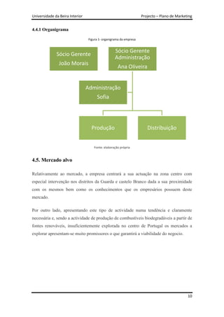 Universidade da Beira Interior                                       Projecto – Plano de Marketing


4.4.1 Organigrama

                                  Figura 1- organigrama da empresa


                                                   Sócio Gerente
              Sócio Gerente
                                                   Administração
                João Morais
                                                     Ana OIiveira


                                 Administração
                                       Sofia




                                    Produção                            Distribuição


                                     Fonte: elaboração própria


4.5. Mercado alvo

Relativamente ao mercado, a empresa centrará a sua actuação na zona centro com
especial intervenção nos distritos da Guarda e castelo Branco dada a sua proximidade
com os mesmos bem como os conhecimentos que os empresários possuem deste
mercado.

Por outro lado, apresentando este tipo de actividade numa tendência e claramente
necessária e, sendo a actividade de produção de combustíveis biodegradáveis a partir de
fontes renováveis, insuficientemente explorada no centro de Portugal os mercados a
explorar apresentam-se muito promissores o que garantirá a viabilidade do negocio.




                                                                                               10
 