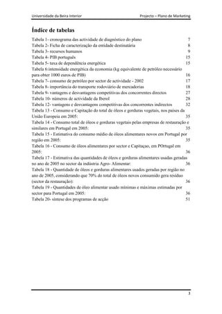 Universidade da Beira Interior                             Projecto – Plano de Marketing


Índice de tabelas
Tabela 1- cronograma das actividade de diagnóstico do plano                           7
Tabela 2- Ficha de caracterização da entidade destinatária                            8
Tabela 3- recursos humanos                                                            9
Tabela 4- PIB português                                                              15
Tabela 5- taxa de dependência energética                                             15
Tabela 6:intensidade energética da economia (kg equivalente de petróleo necessário
para obter 1000 euros de PIB)                                                        16
Tabela 7- consumo de petróleo por sector de actividade - 2002                        17
Tabela 8- importância do transporte rodoviário de mercadorias                        18
Tabela 9- vantagens e desvantagens competitivas dos concorrentes directos            27
Tabela 10- números de actividade da Iberol                                           28
Tabela 12- vantagens e desvantagens competitivas dos concorrentes indirectos         32
Tabela 13 - Consumo e Capitação do total de óleos e gorduras vegetais, nos países da
União Europeia em 2005:                                                              35
Tabela 14 - Consumo total de óleos e gorduras vegetais pelas empresas de restauração e
similares em Portugal em 2005:                                                       35
Tabela 15 - Estimativa do consumo médio de óleos alimentares novos em Portugal por
região em 2005:                                                                      35
Tabela 16 - Consumo de óleos alimentares por sector e Capitaçao, em POrtugal em
2005:                                                                                36
Tabela 17 - Estimativa das quantidades de óleos e gorduras alimentares usadas geradas
no ano de 2005 no sector da indústria Agro- Alimentar:                               36
Tabela 18 - Quantidade de óleos e gorduras alimentares usados geradas por região no
ano de 2005, considerando que 70% do total de óleos novos consumido gera resíduo
(sector da restauração):                                                             36
Tabela 19 - Quantidades de óleo alimentar usado mínimas e máximas estimadas por
sector para Portugal em 2005:                                                        36
Tabela 20- síntese dos programas de acção                                            51




                                                                                      3
 