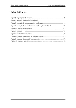 Universidade da Beira Interior                                                      Projecto – Plano de Marketing



Índice de figuras

Figura 1- organigrama da empresa ................................................................................. 10
Figura 2- processo de produção da empresa ................................................................... 12
Figura 3- evolução do preço do petróleo em dólares...................................................... 14
Figura 4- evolução da repartição do volume de negócio da Iberol ................................ 29
Figura 5- Ciclo de vida do produto................................................................................. 41
Figura 6- Matriz BCG .................................................................................................... 43
Figura 7- Matriz Produto/Mercado ................................................................................. 45
Figura 8- esquema da estratégia de desenvolvimento .................................................... 45
Figura 9- esquema da estratégia concorrencial …………………………...……………37
Figura 10- exemplo de oleão....………………………………………………………...49




                                                                                                                          4
 