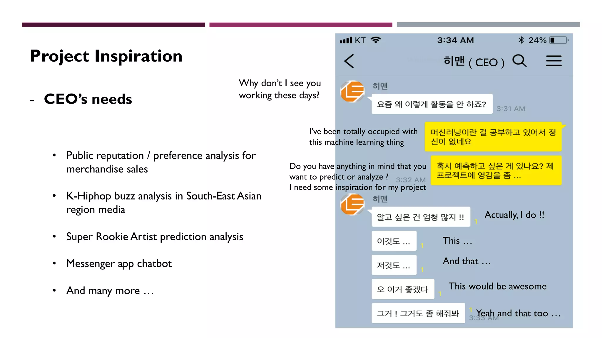 Project Inspiration
- CEO’s needs
• Public reputation / preference analysis for
merchandise sales
• K-Hiphop buzz analysis in South-East Asian
region media
• Super Rookie Artist prediction analysis
• Messenger app chatbot
• And many more …
Why don’t I see you
working these days?
I’ve been totally occupied with
this machine learning thing
Do you have anything in mind that you
want to predict or analyze ?
I need some inspiration for my project
Actually, I do !!
This …
And that …
This would be awesome
Yeah and that too …
( CEO )
 