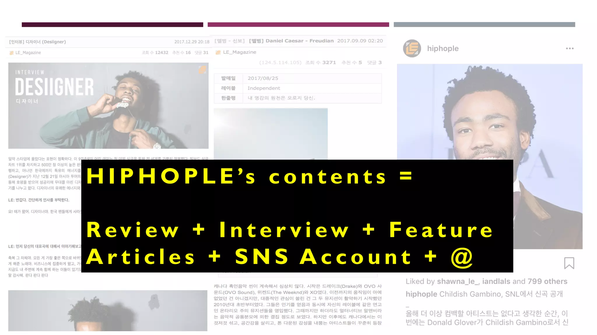 H I P H O P L E ’s c o n t e n t s =
R ev i e w + I n t e r v i e w + Fe a t u re
A r t i c l e s + S N S A c c o u n t + @
 