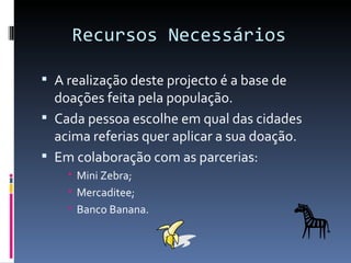 Recursos Necessários

 A realização deste projecto é a base de
  doações feita pela população.
 Cada pessoa escolhe em qual das cidades
  acima referias quer aplicar a sua doação.
 Em colaboração com as parcerias:
     Mini Zebra;
     Mercaditee;
     Banco Banana.
 