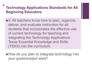 http://www.askkids.com/Technology Applications Standards for All Beginning EducatorsIII. All teachers use task-appropriate tools to synthesize knowledge, create and modify solutions, and evaluate results in a way that supports the work of individuals and groups in problem-solving situations.How can you help your students use task-appropriate tools?Technology Applications Standards for All Beginning EducatorsIV. All teachers communicate information in different formats and for diverse audiences.What are some ways you can communicate with your students, parents, and community members digitally?Technology Applications Standards for All Beginning EducatorsV. All teachers know how to plan, organize, deliver, and evaluate instruction for all students that incorporates the effective use of current technology for teaching and integrating the Technology Applications Texas Essential Knowledge and Skills (TEKS) into the curriculum.How do you plan to integrate technology into your grade/subject area?21st Century Classroomhttp://www.youtube.com/watch?v=oxYhLDHC1VM