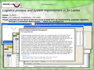 CCS Lanka projects 1/1




Logistics process and system improvement in Sri Lanka - 1
Period: 01/2010 – 06/2010
Place: CCS Lanka Ltd, Kochchikade – Sri Lanka
Target: improve service level of Warehouse to at least 95% by implementing paperless operation
       through a customized WMS solution – 100% my development
 