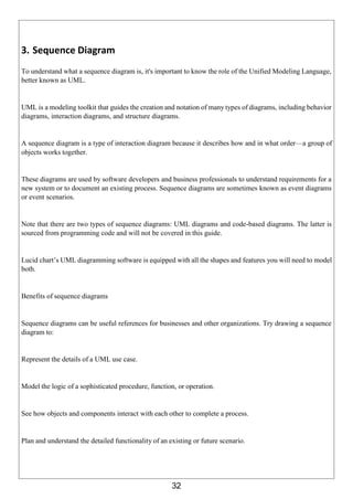 32
3. Sequence Diagram
To understand what a sequence diagram is, it's important to know the role of the Unified Modeling Language,
better known as UML.
UML is a modeling toolkit that guides the creation and notation of many types of diagrams, including behavior
diagrams, interaction diagrams, and structure diagrams.
A sequence diagram is a type of interaction diagram because it describes how and in what order—a group of
objects works together.
These diagrams are used by software developers and business professionals to understand requirements for a
new system or to document an existing process. Sequence diagrams are sometimes known as event diagrams
or event scenarios.
Note that there are two types of sequence diagrams: UML diagrams and code-based diagrams. The latter is
sourced from programming code and will not be covered in this guide.
Lucid chart’s UML diagramming software is equipped with all the shapes and features you will need to model
both.
Benefits of sequence diagrams
Sequence diagrams can be useful references for businesses and other organizations. Try drawing a sequence
diagram to:
Represent the details of a UML use case.
Model the logic of a sophisticated procedure, function, or operation.
See how objects and components interact with each other to complete a process.
Plan and understand the detailed functionality of an existing or future scenario.
 