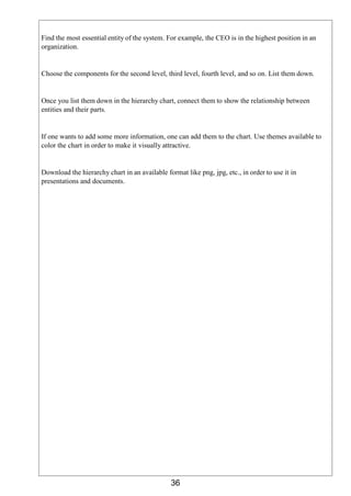36
Find the most essential entity of the system. For example, the CEO is in the highest position in an
organization.
Choose the components for the second level, third level, fourth level, and so on. List them down.
Once you list them down in the hierarchy chart, connect them to show the relationship between
entities and their parts.
If one wants to add some more information, one can add them to the chart. Use themes available to
color the chart in order to make it visually attractive.
Download the hierarchy chart in an available format like png, jpg, etc., in order to use it in
presentations and documents.
 