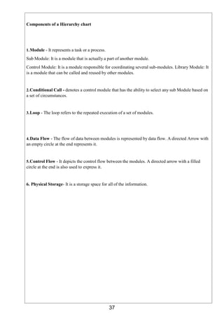 37
Components of a Hierarchy chart
1.Module - It represents a task or a process.
Sub Module: It is a module that is actually a part of another module.
Control Module: It is a module responsible for coordinating several sub-modules. Library Module: It
is a module that can be called and reused by other modules.
2.Conditional Call - denotes a control module that has the ability to select any sub Module based on
a set of circumstances.
3.Loop - The loop refers to the repeated execution of a set of modules.
4.Data Flow - The flow of data between modules is represented by data flow. A directed Arrow with
an empty circle at the end represents it.
5.Control Flow - It depicts the control flow between the modules. A directed arrow with a filled
circle at the end is also used to express it.
6. Physical Storage- It is a storage space for all of the information.
 