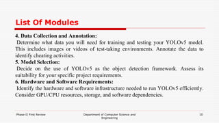 List Of Modules
4. Data Collection and Annotation:
Determine what data you will need for training and testing your YOLOv5 model.
This includes images or videos of test-taking environments. Annotate the data to
identify cheating activities.
5. Model Selection:
Decide on the use of YOLOv5 as the object detection framework. Assess its
suitability for your specific project requirements.
6. Hardware and Software Requirements:
Identify the hardware and software infrastructure needed to run YOLOv5 efficiently.
Consider GPU/CPU resources, storage, and software dependencies.
Phase-II First Review Department of Computer Science and
Engineering
10
 