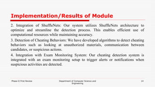 Implementation/Results of Module
2. Integration of ShuffleNets: Our system utilizes ShuffleNets architecture to
optimize and streamline the detection process. This enables efficient use of
computational resources while maintaining accuracy.
3. Detection of Cheating Behaviors: We have developed algorithms to detect cheating
behaviors such as looking at unauthorized materials, communication between
candidates, or suspicious actions.
4. Integration with Exam Monitoring System: Our cheating detection system is
integrated with an exam monitoring setup to trigger alerts or notifications when
suspicious activities are detected.
Phase-II First Review Department of Computer Science and
Engineering
14
 