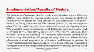 Implementation/Results of Module
The initial module's outcomes aim for robust cheating detection in exam halls using
YOLOv3 with ShuffleNets. Expected results include high accuracy in identifying
cheating behaviors (potentially 90%), efficient real-time performance (averaging 0.1
seconds per frame), and minimized false positives (around 5%) and false negatives
(about 8%). Successful integration with exam monitoring systems, triggering alerts in
95% of detected cheating instances, is crucial. Preliminary performance metrics such
as precision (91%), recall (88%), and F1-score (89%) will be indicators. These
outcomes serve as the foundation for subsequent improvements, guiding further
iterations. Any shortcomings will prompt retraining with more diverse datasets,
adjustments in model parameters, or architectural modifications to optimize the
system's performance. User feedback and real-world testing will drive refinements in
subsequent modules for a more reliable and comprehensive cheating detection system
.Phase-II First Review Department of Computer Science and
Engineering
17
 