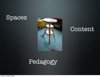 Spaces
                                     Content




                          Pedagogy

Sunday, 18 October 2009
 
