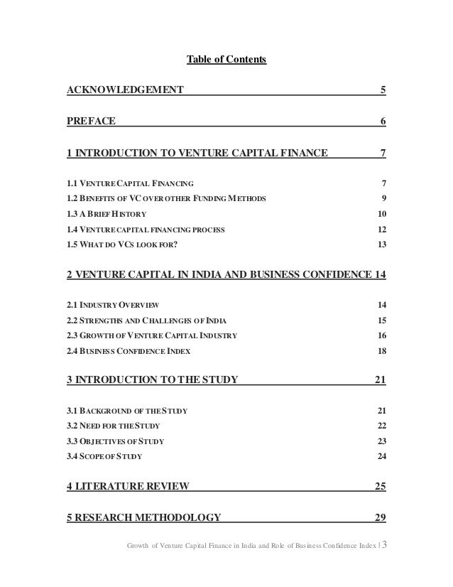 sle table of contents for project report research project report on growth of venture capital sle table of contents for project report research project report on growth of venture capital