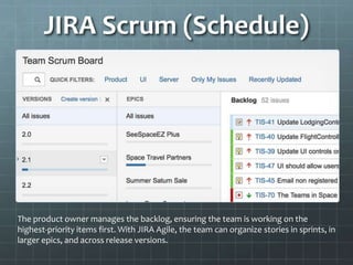 JIRA Scrum (Schedule)
The product owner manages the backlog, ensuring the team is working on the
highest-priority items first. With JIRA Agile, the team can organize stories in sprints, in
larger epics, and across release versions.
 