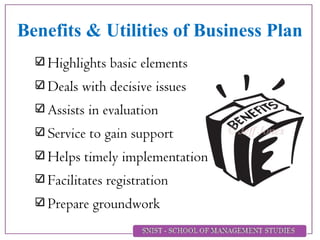 Benefits & Utilities of Business Plan
Highlights basic elements
Deals with decisive issues
Assists in evaluation
Service to gain support
Helps timely implementation
Facilitates registration
Prepare groundwork
 