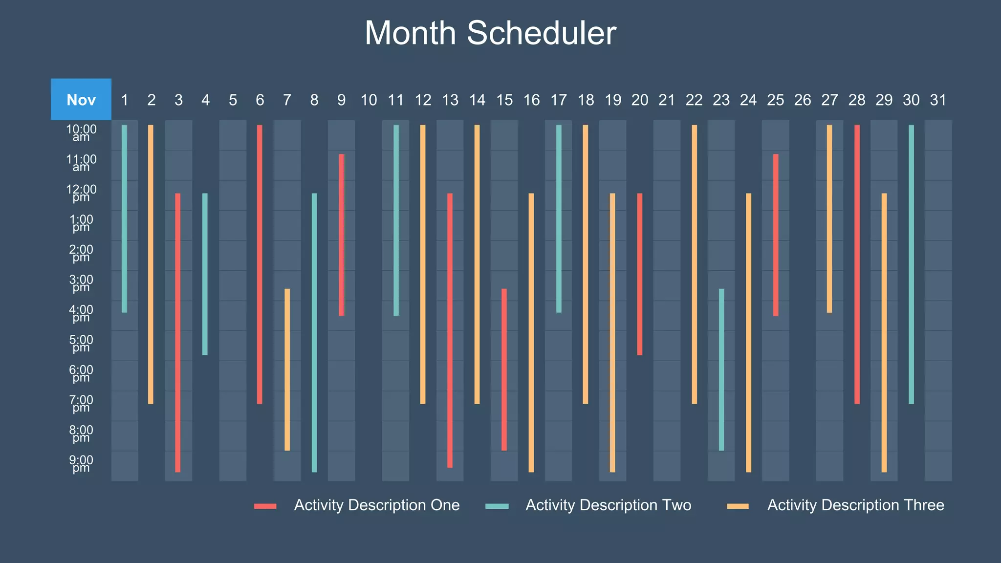 Month Scheduler
Nov 1 2 3 4 5 6 7 8 9 10 11 12 13 14 15 16 17 18 19 20 21 22 23 24 25 26 27 28 29 30 31
10:00
am
11:00
am
12:00
pm
1:00
pm
2:00
pm
3:00
pm
4:00
pm
5:00
pm
6:00
pm
7:00
pm
8:00
pm
9:00
pm
Activity Description Two Activity Description Three
Activity Description One
 