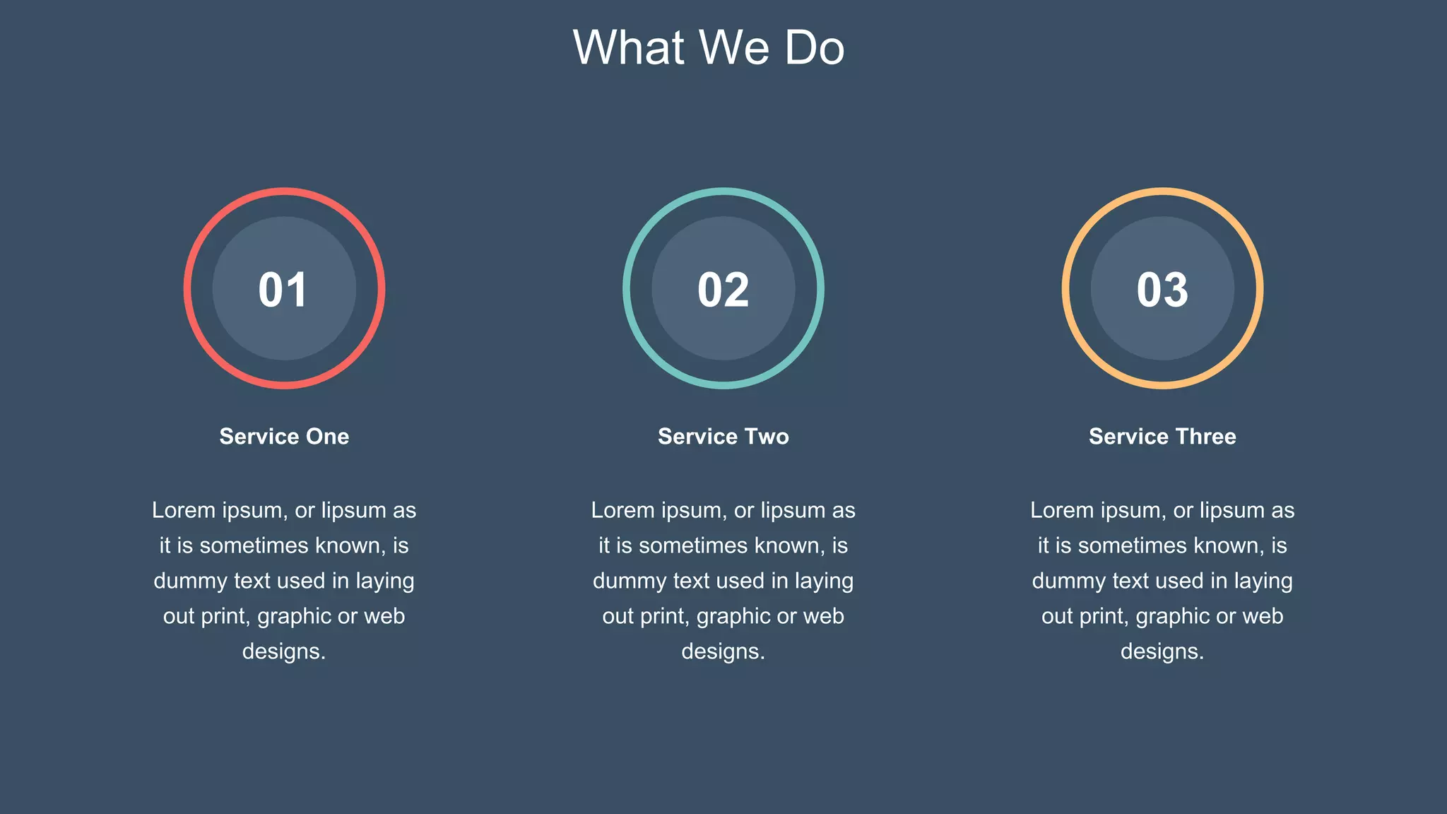 What We Do
Service Two
02
Service Three
03
Service One
01
Lorem ipsum, or lipsum as
it is sometimes known, is
dummy text used in laying
out print, graphic or web
designs.
Lorem ipsum, or lipsum as
it is sometimes known, is
dummy text used in laying
out print, graphic or web
designs.
Lorem ipsum, or lipsum as
it is sometimes known, is
dummy text used in laying
out print, graphic or web
designs.
 