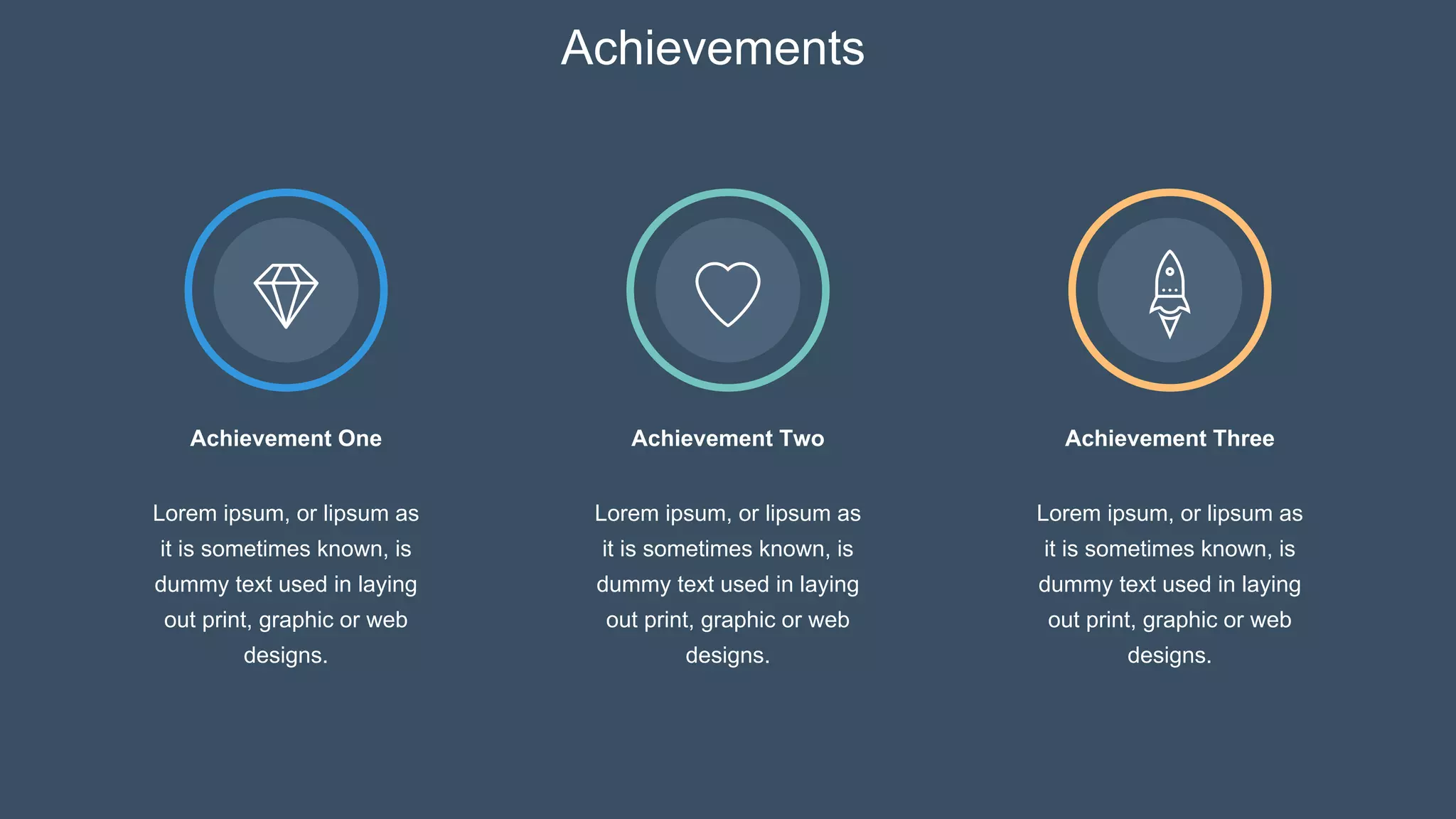 Achievements
Achievement Three
Achievement Two
Achievement One
Lorem ipsum, or lipsum as
it is sometimes known, is
dummy text used in laying
out print, graphic or web
designs.
Lorem ipsum, or lipsum as
it is sometimes known, is
dummy text used in laying
out print, graphic or web
designs.
Lorem ipsum, or lipsum as
it is sometimes known, is
dummy text used in laying
out print, graphic or web
designs.
 