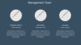 Cristopher Johnson
Project Manager
Eva Smith
Creative Director
Sean Collins
Client Dept. Chief
Management Team
Lorem ipsum, or lipsum as it is
sometimes known, is dummy text
used in laying out print, graphic or
web designs.
Lorem ipsum, or lipsum as it is
sometimes known, is dummy text
used in laying out print, graphic or
web designs.
Lorem ipsum, or lipsum as it is
sometimes known, is dummy text
used in laying out print, graphic or
web designs.
 