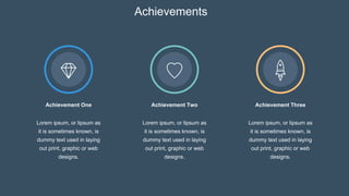 Achievements
Achievement Three
Achievement Two
Achievement One
Lorem ipsum, or lipsum as
it is sometimes known, is
dummy text used in laying
out print, graphic or web
designs.
Lorem ipsum, or lipsum as
it is sometimes known, is
dummy text used in laying
out print, graphic or web
designs.
Lorem ipsum, or lipsum as
it is sometimes known, is
dummy text used in laying
out print, graphic or web
designs.
 