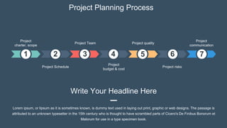 Project Planning Process
Project
charter, scope
Project Schedule
Project Team
Project
budget & cost
Project quality
Project risks
Project
communication
Write Your Headline Here
Lorem ipsum, or lipsum as it is sometimes known, is dummy text used in laying out print, graphic or web designs. The passage is
attributed to an unknown typesetter in the 15th century who is thought to have scrambled parts of Cicero's De Finibus Bonorum et
Malorum for use in a type specimen book.
1 2 3 4 5 6 7
 