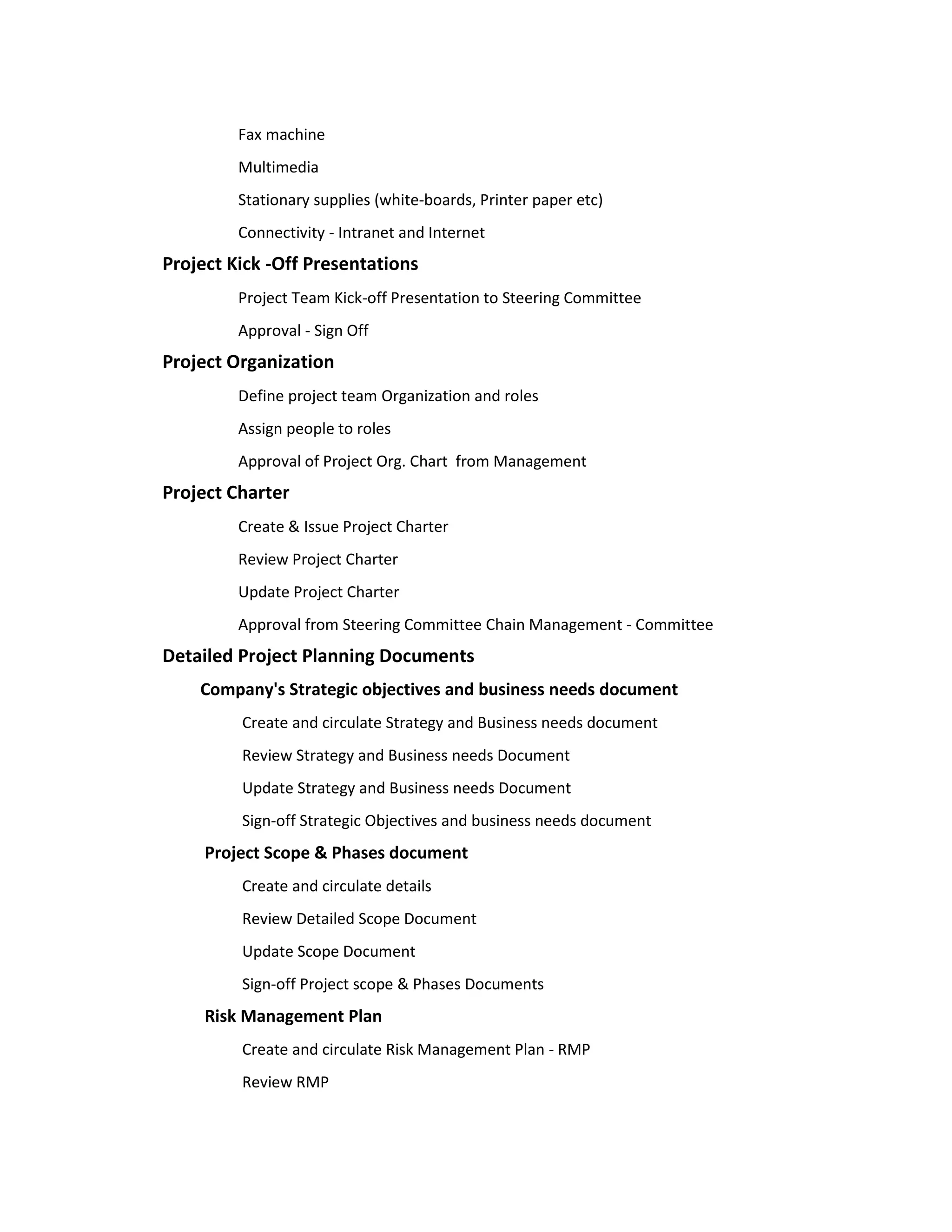 Fax machine
         Multimedia
         Stationary supplies (white-boards, Printer paper etc)
         Connectivity - Intranet and Internet
Project Kick -Off Presentations
         Project Team Kick-off Presentation to Steering Committee
         Approval - Sign Off
Project Organization
         Define project team Organization and roles
         Assign people to roles
         Approval of Project Org. Chart from Management
Project Charter
         Create & Issue Project Charter
         Review Project Charter
         Update Project Charter
         Approval from Steering Committee Chain Management - Committee
Detailed Project Planning Documents
    Company's Strategic objectives and business needs document
         Create and circulate Strategy and Business needs document
         Review Strategy and Business needs Document
         Update Strategy and Business needs Document
         Sign-off Strategic Objectives and business needs document
     Project Scope & Phases document
         Create and circulate details
         Review Detailed Scope Document
         Update Scope Document
         Sign-off Project scope & Phases Documents
     Risk Management Plan
         Create and circulate Risk Management Plan - RMP
         Review RMP
 