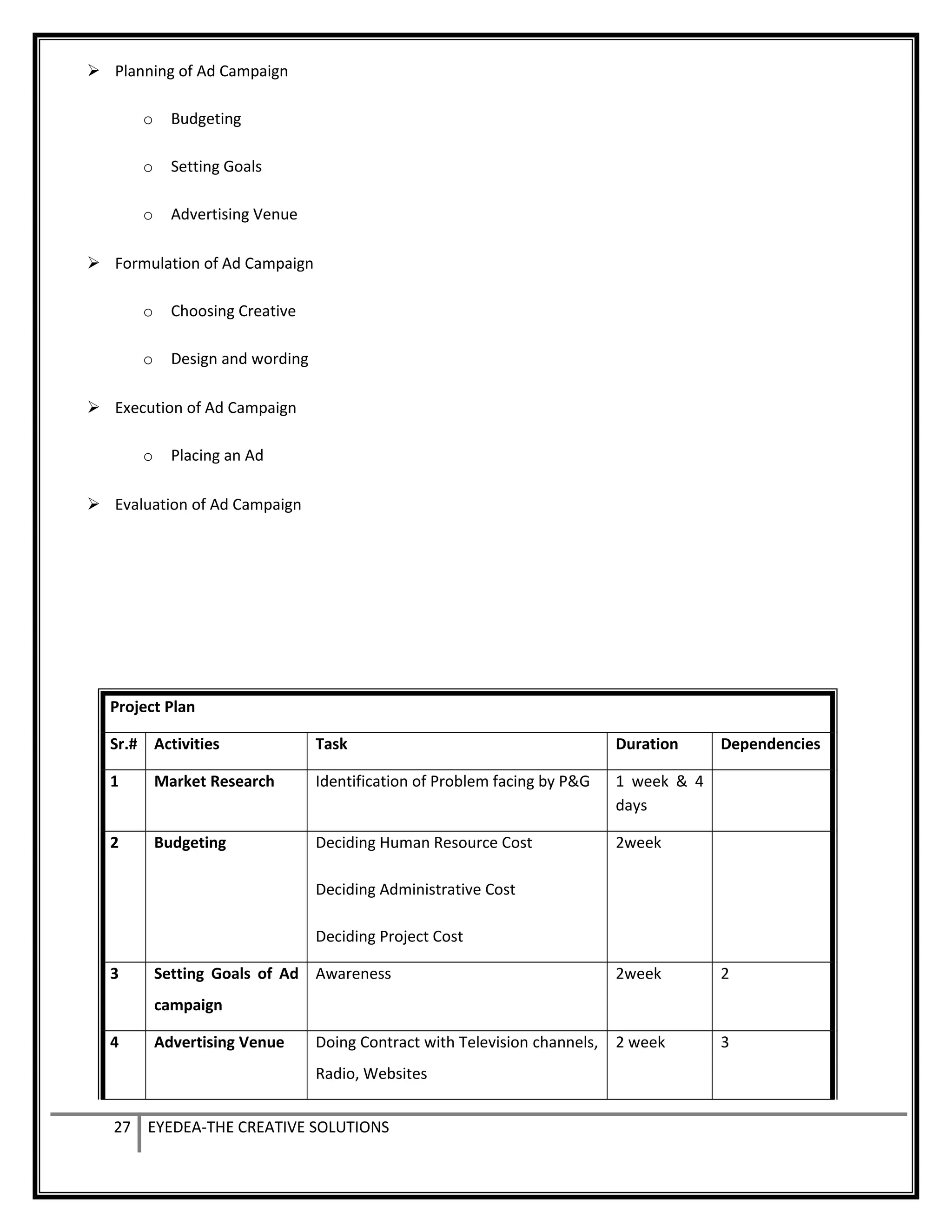  Planning of Ad Campaign
o Budgeting
o Setting Goals
o Advertising Venue
 Formulation of Ad Campaign
o Choosing Creative
o Design and wording
 Execution of Ad Campaign
o Placing an Ad
 Evaluation of Ad Campaign
Project Plan
Sr.# Activities Task Duration Dependencies
1 Market Research Identification of Problem facing by P&G 1 week & 4
days
2 Budgeting Deciding Human Resource Cost
Deciding Administrative Cost
Deciding Project Cost
2week
3 Setting Goals of Ad
campaign
Awareness 2week 2
4 Advertising Venue Doing Contract with Television channels,
Radio, Websites
2 week 3
27 EYEDEA-THE CREATIVE SOLUTIONS
 