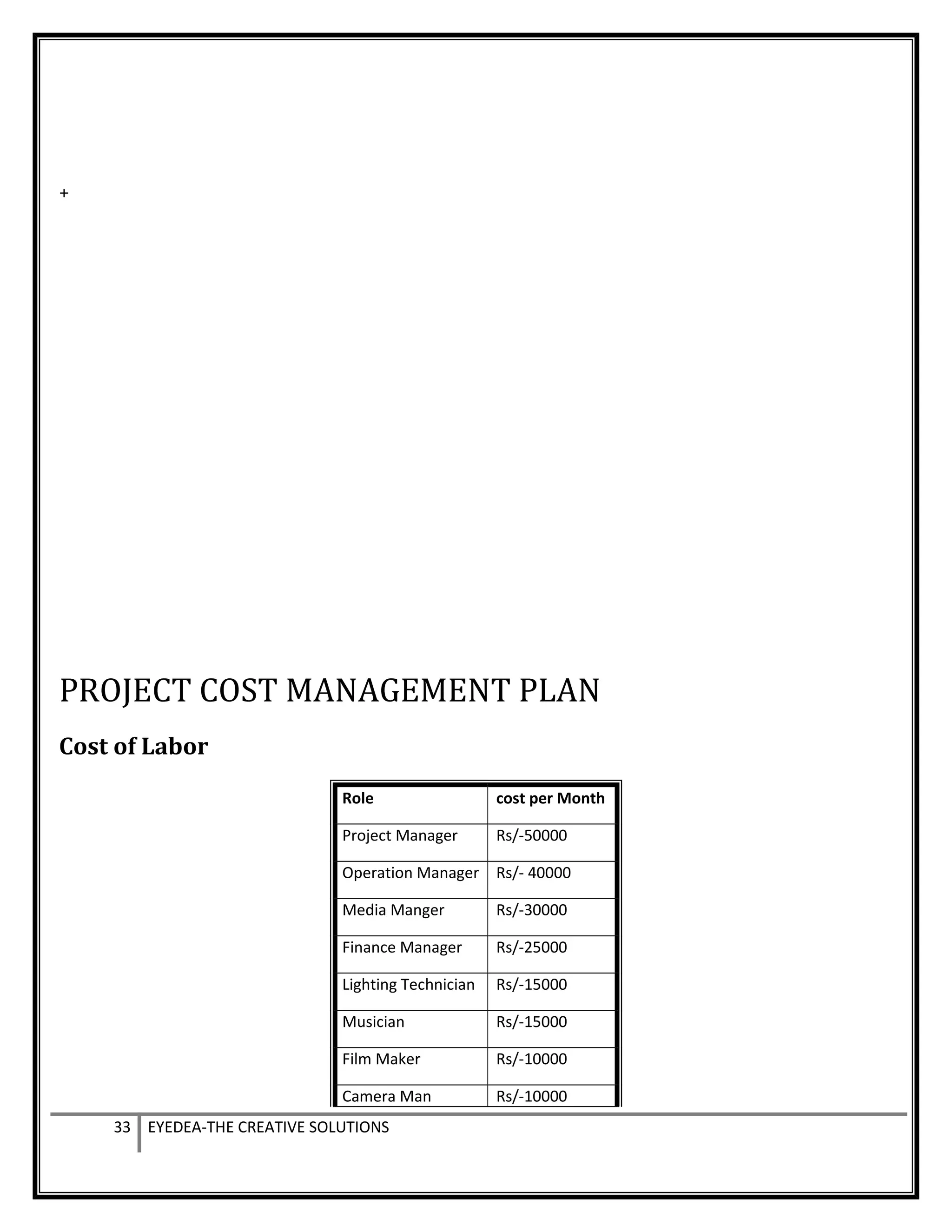 +
PROJECT COST MANAGEMENT PLAN
Cost of Labor
Role cost per Month
Project Manager Rs/-50000
Operation Manager Rs/- 40000
Media Manger Rs/-30000
Finance Manager Rs/-25000
Lighting Technician Rs/-15000
Musician Rs/-15000
Film Maker Rs/-10000
Camera Man Rs/-10000
33 EYEDEA-THE CREATIVE SOLUTIONS
 