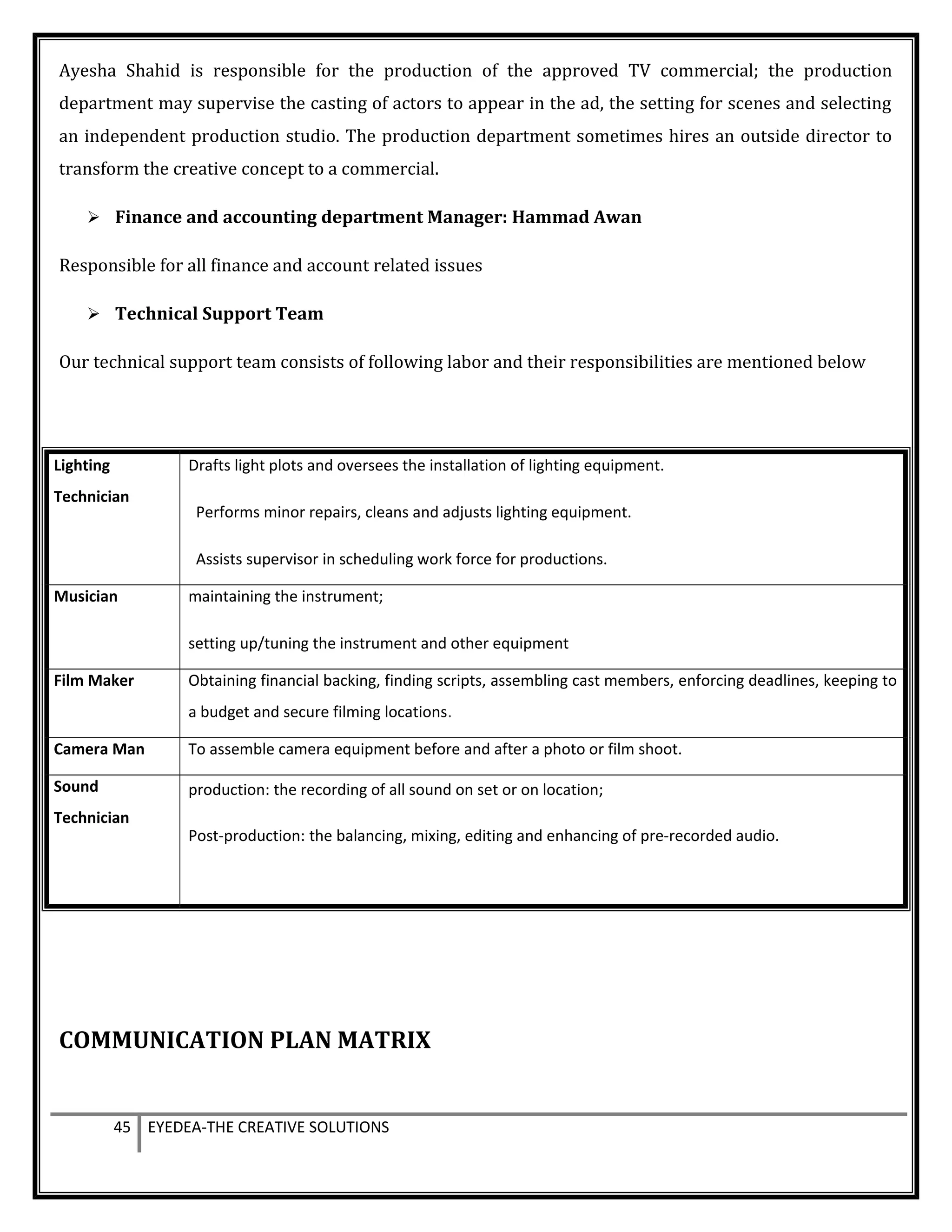 Ayesha Shahid is responsible for the production of the approved TV commercial; the production
department may supervise the casting of actors to appear in the ad, the setting for scenes and selecting
an independent production studio. The production department sometimes hires an outside director to
transform the creative concept to a commercial.
 Finance and accounting department Manager: Hammad Awan
Responsible for all finance and account related issues
 Technical Support Team
Our technical support team consists of following labor and their responsibilities are mentioned below
Lighting
Technician
Drafts light plots and oversees the installation of lighting equipment.
Performs minor repairs, cleans and adjusts lighting equipment.
Assists supervisor in scheduling work force for productions.
Musician maintaining the instrument;
setting up/tuning the instrument and other equipment
Film Maker Obtaining financial backing, finding scripts, assembling cast members, enforcing deadlines, keeping to
a budget and secure filming locations.
Camera Man To assemble camera equipment before and after a photo or film shoot.
Sound
Technician
production: the recording of all sound on set or on location;
Post-production: the balancing, mixing, editing and enhancing of pre-recorded audio.
COMMUNICATION PLAN MATRIX
45 EYEDEA-THE CREATIVE SOLUTIONS
 