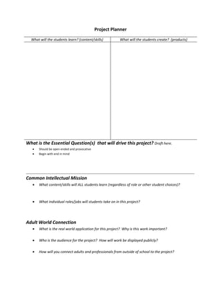 Project Planner
   What will the students learn? (content/skills)           What will the students create? (products)




What is the Essential Question(s) that will drive this project? Draft here.
    •   Should be open-ended and provocative
    •   Begin with end in mind




________________________________________________________________________________________________________
Common Intellectual Mission
    •   What content/skills will ALL students learn (regardless of role or other student choices)?



    •   What individual roles/jobs will students take on in this project?




Adult World Connection
    •   What is the real world application for this project? Why is this work important?

    •   Who is the audience for the project? How will work be displayed publicly?

    •   How will you connect adults and professionals from outside of school to the project?
 