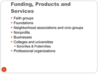 Funding, Products and Services Faith groups Foundations Neighborhood associations and civic groups Nonprofits Businesses Colleges and universities Sororities & Fraternities Professional organizations 