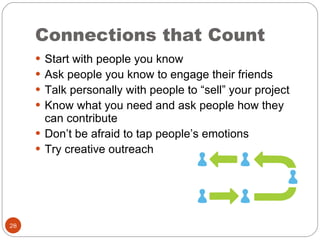 Connections that Count Start with people you know Ask people you know to engage their friends Talk personally with people to “sell” your project Know what you need and ask people how they can contribute Don’t be afraid to tap people’s emotions Try creative outreach 