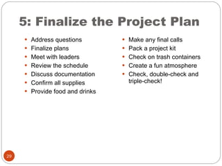 5: Finalize the Project Plan Address questions Finalize plans Meet with leaders Review the schedule Discuss documentation Confirm all supplies Provide food and drinks Make any final calls Pack a project kit Check on trash containers Create a fun atmosphere Check, double-check and triple-check! 