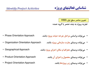 ‫پروژه‬ ‫فعاليتهاي‬ ‫شناسايي‬Identify Project Activites
‫عمده‬ ‫گروه‬ ‫يا‬ ‫عنصر‬ ‫چند‬ ‫به‬ ‫پروژه‬ ‫تجزيه‬
•‫براساس‬ ‫تواند‬‫مي‬‫پروژه‬ ‫حيات‬ ‫چرخه‬ ‫مراحل‬‫باشد‬.
•‫برمبناي‬ ‫تواند‬‫مي‬‫پروژه‬ ‫سازماني‬ ‫چارت‬‫باشد‬.
•‫برمبناي‬ ‫تواند‬‫مي‬‫پروژه‬ ‫اجراي‬ ‫مكان‬ ‫و‬ ‫جغرافيا‬‫باشد‬.
• Phase Orientation Approach
• Organization Orientation Approach
• Geographical Approach
•‫برمبناي‬ ‫تواند‬‫مي‬‫آن‬ ‫اجزاي‬ ‫و‬ ‫محصول‬‫باشد‬.• Product Orientation Approach
•‫برمبناي‬ ‫تواند‬‫مي‬‫ها‬‫پروژه‬ ‫زير‬‫باشد‬.• Project Orientation Approach
‫اول‬ ‫سطح‬ ‫عناصر‬ ‫تعيين‬WBS
 