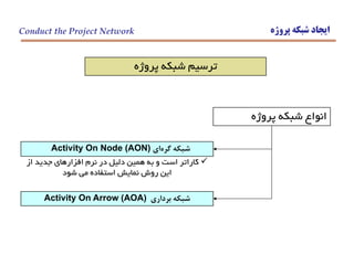 ‫پروژه‬ ‫شبكه‬ ‫ايجاد‬
‫پروژه‬ ‫شبكه‬ ‫ترسيم‬
Conduct the Project Network
‫پروژه‬ ‫شبكه‬ ‫انواع‬
‫گره‬ ‫شبكه‬‫اي‬Activity On Node (AON)
‫برداري‬ ‫شبكه‬Activity On Arrow (AOA)
‫از‬ ‫جديد‬ ‫افزارهاي‬ ‫نرم‬ ‫در‬ ‫دليل‬ ‫همين‬ ‫به‬ ‫و‬ ‫است‬ ‫كاراتر‬
‫شود‬ ‫مي‬ ‫استفاده‬ ‫نمايش‬ ‫روش‬ ‫اين‬
 