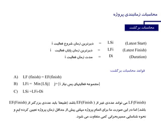 (Latest Start)=i
(Latest Finish)=i
(Duration)=i
LSi
LFi
Di
A) LF (finish) = EF(finish)
B) LFi = Min{LSj} j={i }
C) LSi =LFi-Di
Finish)LF)EF(FinishEF(Finish)
 