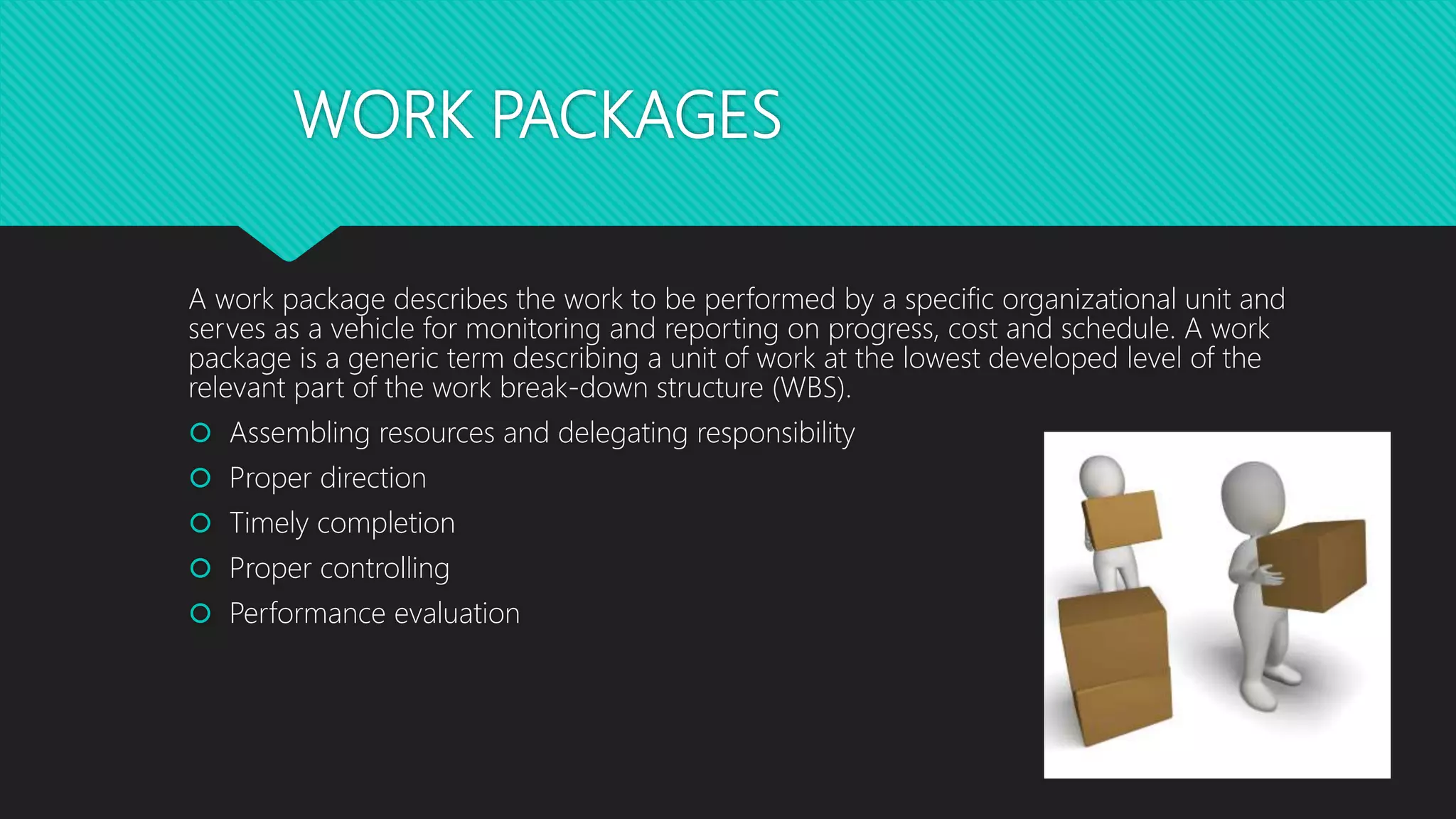 WORK PACKAGES
A work package describes the work to be performed by a specific organizational unit and
serves as a vehicle for monitoring and reporting on progress, cost and schedule. A work
package is a generic term describing a unit of work at the lowest developed level of the
relevant part of the work break-down structure (WBS).
 Assembling resources and delegating responsibility
 Proper direction
 Timely completion
 Proper controlling
 Performance evaluation
 