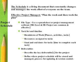 The Schedule  is a living document that constantly changes and manages the work effort of everyone on the team.  Effective Project Managers  “Plan the work and then work the plan”  Project Schedule File Type - Use a spreadsheet or project management software (MS Excel & MS Project are common & effective) Task list and timeline Breakdown of Work (Phases, activities, tasks) Resources assigned to tasks Start and end dates for tasks (time to complete each task) Deliverables Describe the key deliverable(s) for the project Define where project schedule will be stored and managed, process for updating & version control. 