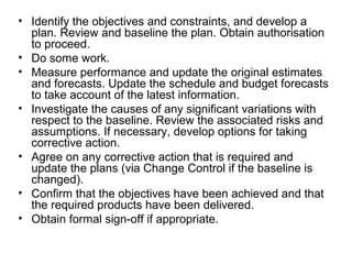 • Identify the objectives and constraints, and develop a
plan. Review and baseline the plan. Obtain authorisation
to proceed.
• Do some work.
• Measure performance and update the original estimates
and forecasts. Update the schedule and budget forecasts
to take account of the latest information.
• Investigate the causes of any significant variations with
respect to the baseline. Review the associated risks and
assumptions. If necessary, develop options for taking
corrective action.
• Agree on any corrective action that is required and
update the plans (via Change Control if the baseline is
changed).
• Confirm that the objectives have been achieved and that
the required products have been delivered.
• Obtain formal sign-off if appropriate.
 