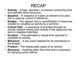 RECAP
• Activity – A task, operation, or process consuming time 
  and possibly other resources. 
• Baseline – A snapshot of a plan (or element of a plan) 
  that is used as a point of reference. 
• Budget – The agreed cost or quantification of resources 
  needed to complete an activity by a set time. 
• Critical Path – A sequence of activities through an 
  activity network where each activity in the sequence has 
  zero or negative total float. 
• Duration – The estimated or actual time required to 
  complete an activity. 
• Milestone – A key event selected for its importance in 
  the project. 
• Product – The measurable output of an activity. 
• Resource – Anything other than time that is necessary 
  for carrying out an activity. 
 
