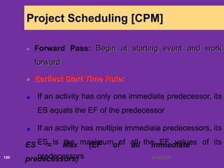 6/18/2020120
Project Scheduling [CPM]
Forward Pass: Begin at starting event and work
forward
Earliest Start Time Rule:
If an activity has only one immediate predecessor, its
ES equals the EF of the predecessor
If an activity has multiple immediate predecessors, its
ES is the maximum of all the EF values of its
predecessors
ES = Max (EF of all immediate
predecessors)
 