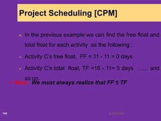 6/18/2020144
Project Scheduling [CPM]
In the previous example we can find the free float and
total float for each activity as the following :
Activity C’s free float, FF = 11 - 11 = 0 days
Activity C’s total float, TF =16 - 11= 5 days …… and
so on.
 Note : We must always realize that FF ≤ TF
 