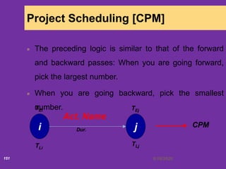 6/18/2020151
Project Scheduling [CPM]
The preceding logic is similar to that of the forward
and backward passes: When you are going forward,
pick the largest number.
When you are going backward, pick the smallest
number.
i j
Act. Name
Dur.
TEi
TLi
TEj
TLj
CPM
 