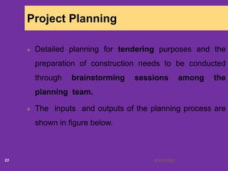 6/18/202023
Project Planning
Detailed planning for tendering purposes and the
preparation of construction needs to be conducted
through brainstorming sessions among the
planning team.
The inputs and outputs of the planning process are
shown in figure below.
 